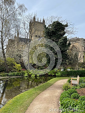 A Peaceful Spot To View Wells Cathedral At The Bishop`s Palace, Wells, Somerset, UK Stock Photo