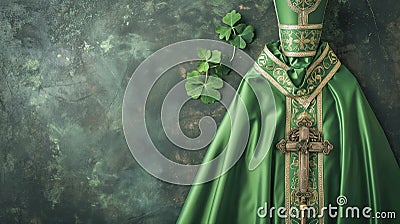 Bishop Saint Patrick& x27;s on green background. Holiday St. Patrick& x27;s Day Background, copy space Stock Photo