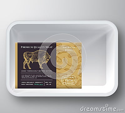 Bison Abstract Vector Plastic Tray Container Cover. Premium Quality Meat Packaging Design Label Layout. Hand Drawn Vector Illustration