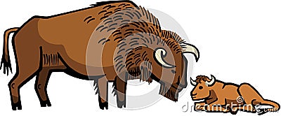 Bison with Calf Vector Illustration