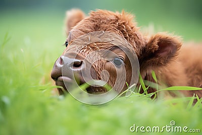 bison calf lying in green grass with eyes open Stock Photo