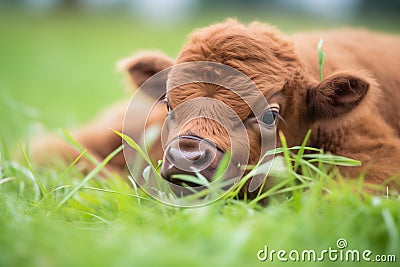 bison calf lying in green grass with eyes open Stock Photo