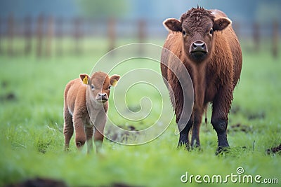 bison calf standing near its mother in a field Stock Photo