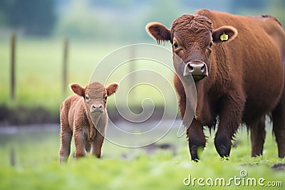 bison calf standing near its mother in a field Stock Photo