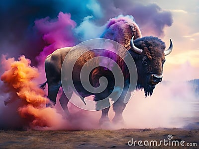 A bison coming out from colorful smoke Stock Photo