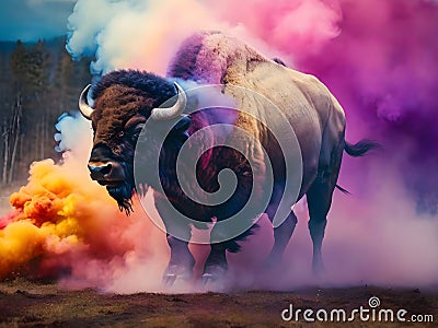 A bison coming out from colorful smoke Stock Photo