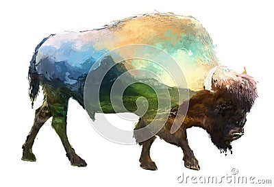 Bison double exposure illustration Cartoon Illustration
