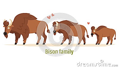 Bison family Mom, dad and calf. Flat vector illustration isolated on white background. Children`s illustrations Vector Illustration