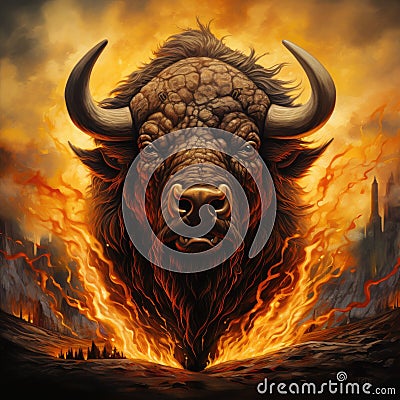 a bison with horns and fire Stock Photo