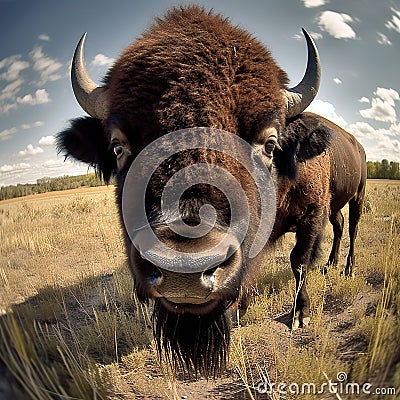 Bison looking straight on with Fisheye Lens Stock Photo