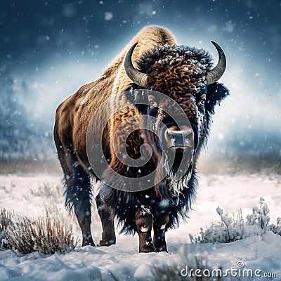 Bison In A Snowy Field Cartoon Illustration