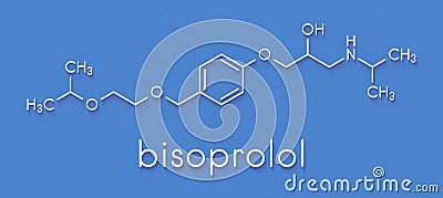 Bisoprolol beta blocker drug molecule. Used to treat high blood pressure hypertension, cardiac ischemia, etc. Skeletal formula. Stock Photo