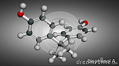 Bisphenol A, BPA, C15H16O2 molecule. It is precursor to polycarbonate plastics and epoxy resins. Molecular model.. 3D rendering Cartoon Illustration