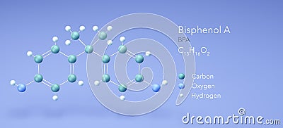 bisphenol a molecule, molecular structures, BPA 3d model, Structural Chemical Formula and Atoms with Color Coding Stock Photo