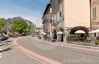 Main street of Bissone, is a Swiss municipality of Ticino, overlooks of Lake Lugano. Editorial Stock Photo