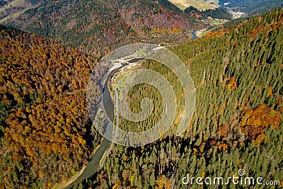 Bistrita Valley in Romania , aerial view from drone with Bistrita river crossing the mountain landscape Stock Photo