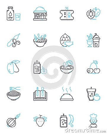 Bistro food linear icons set. Croissant, Baguette, Quiche, Crepe, Ratatouille, Escargot, Charcuterie line vector and Vector Illustration