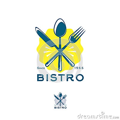 Bistro restaurant logo. Snack emblem. A fork, a spoon and a knife in a yellow badge. Vector Illustration