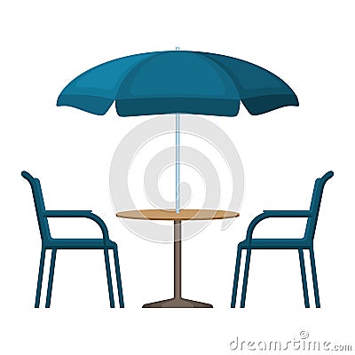 Bistro round table with open umbrella tent and two chairs Vector Illustration