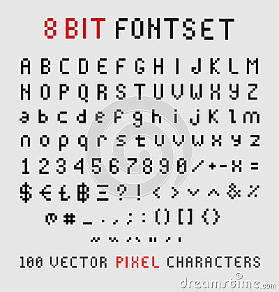 80 8Bit black pixelated font set in vintage 80s video computer game, uppercase, lowcase, numbers, symbols Vector Illustration