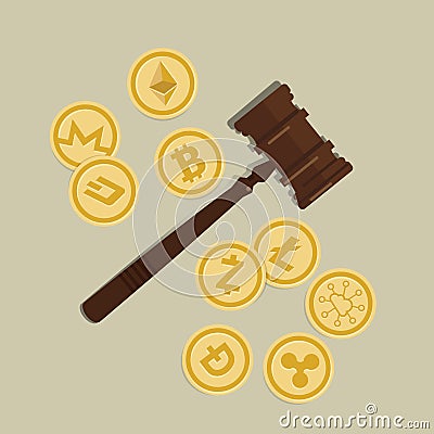 Bit coin crypto currency legal aspect regulation law wooden hammer gavel justice legal authority case verdict law suit Vector Illustration