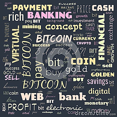 bit coin text, word cloud,word cloud use for banner, painting, motivation, web-page, website background, t-shirt & shirt printing Cartoon Illustration