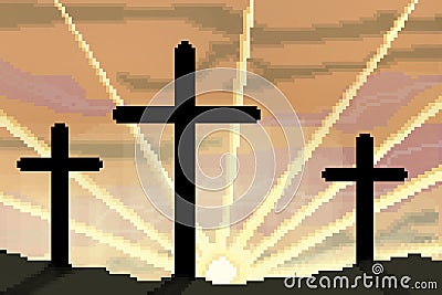 8 bit drawn easter sunrise with three crosses silhouetted Stock Photo