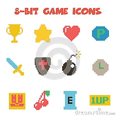 8 bit item icons color Vector Illustration