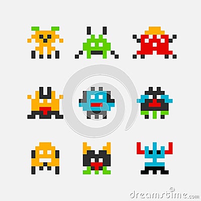 8 bit pixel arcade game alien invader. Superhero pixel space monster geek game Vector Illustration