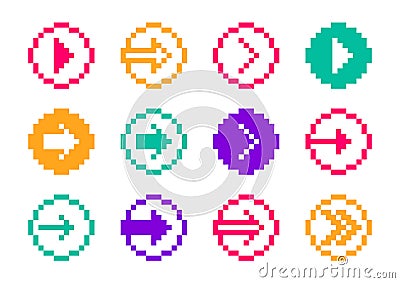 8 Bit pixel arrows in circles vector set of icons, collection of arrow direction cursors in old PC or gaming console style, single Vector Illustration