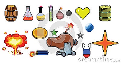 8 bit Pixel art game icon set. ui elements pixel set. game world and pixel scene. Vector Illustration