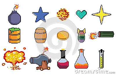 8 bit Pixel art game icon set. ui elements pixel set. game world and pixel scene. Vector Illustration