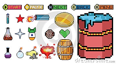 8 bit Pixel art game icon set. ui elements pixel set. game world and pixel scene. Vector Illustration