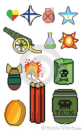 8 bit Pixel art game icon set. ui elements pixel set. game world and pixel scene. Vector Illustration