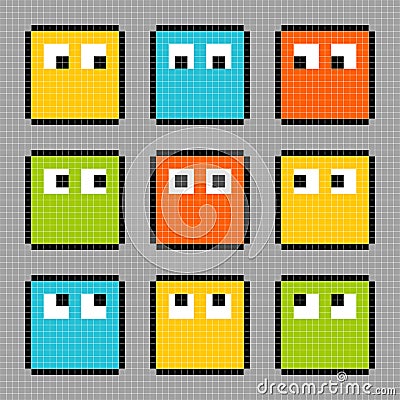 8-bit pixel block characters looking in different directions Vector Illustration