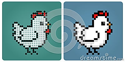 8 bit pixel chicken. Cute Animal for game assets and beads pattern Vector Illustration