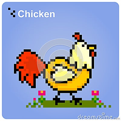 8-bit pixel chicken. Cute Animal for game assets Vector Illustration