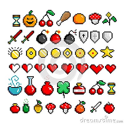 8-bit pixel graphics icon set. 46 different objects used in games. Game assets. Isolated illustration Cartoon Illustration