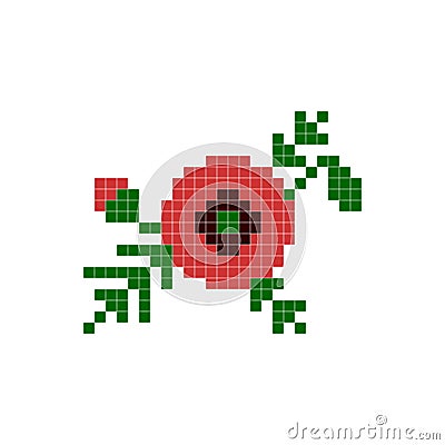 8 bit pixel mosaic floral poppy. Vector flowers. Vector Illustration