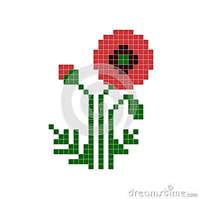 8 bit pixel mosaic floral poppy. Vector flowers. Vector Illustration
