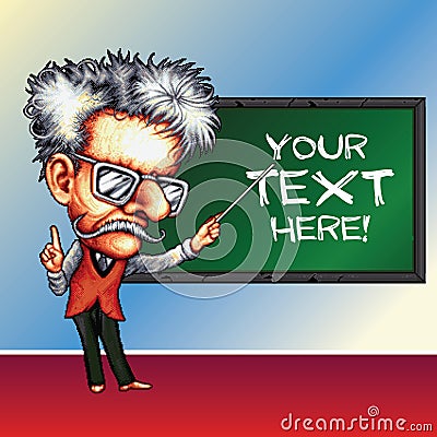 8 bit pixel professor with pointer on blackboard background - with place for your text Vector Illustration