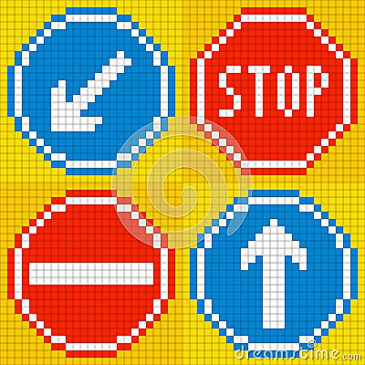 8-bit pixel road traffic signs Vector Illustration