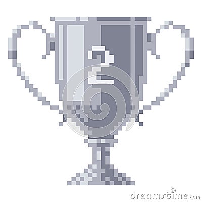 Silver winner cup pixel art style. Goblet with number two on it. Vector illustration. Vector Illustration