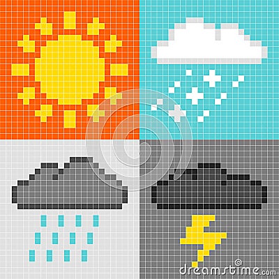 8-bit pixel weather symbols: sun, rain, snow, thunder Vector Illustration