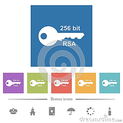 256 bit rsa encryption flat white icons in square backgrounds Vector Illustration