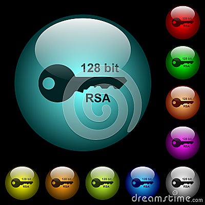 128 bit rsa encryption icons in color illuminated glass buttons Stock Photo