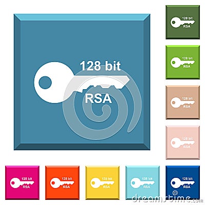 128 bit rsa encryption white icons on edged square buttons Stock Photo
