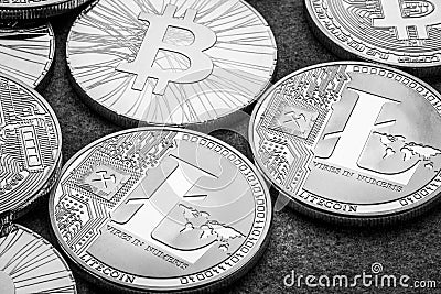 Bitcoin and altcoin crypto currency, macroview at black and white Stock Photo