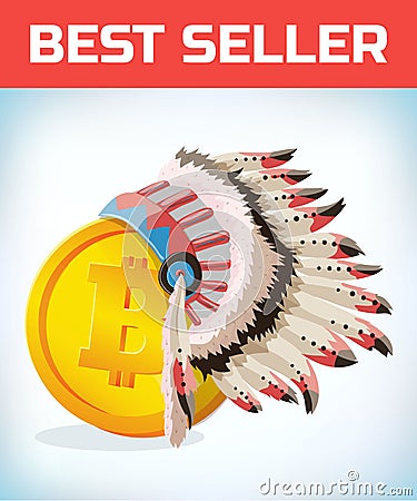 Bitcoin in American Indian hat. Bitcoin. Digital currency. Crypto currency. Money and finance symbol. Miner bit coin Vector Illustration