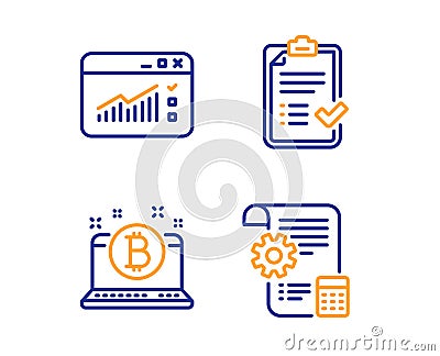 Bitcoin, Approved checklist and Web traffic icons set. Settings blueprint sign. Vector Vector Illustration